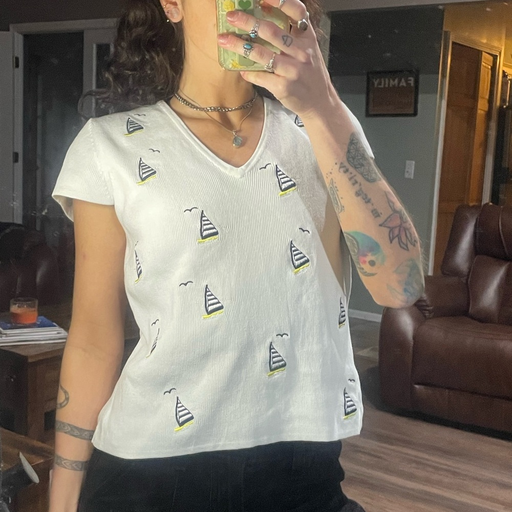 White Sailboat Print Women's Top
